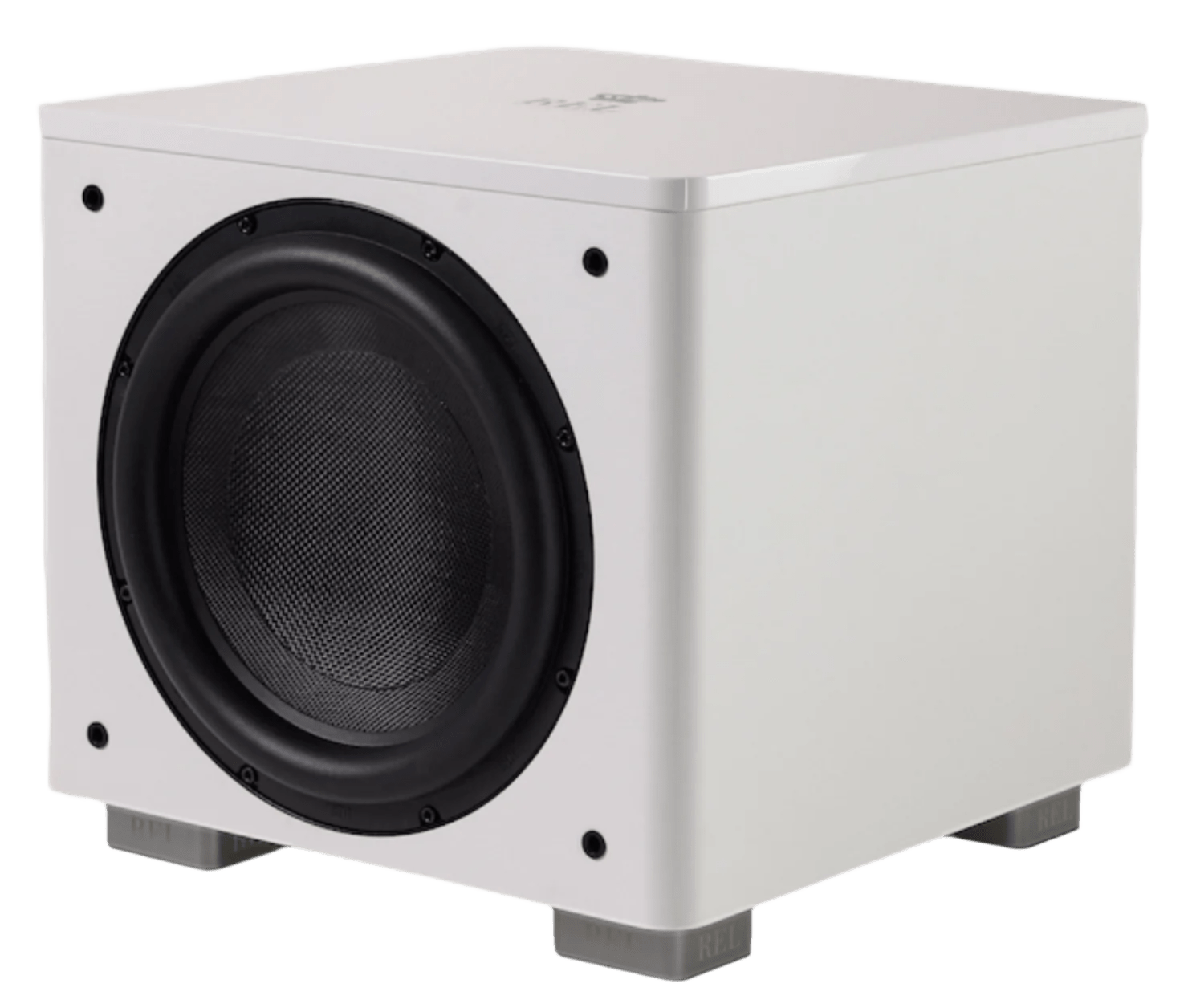 The REL Acoustics HT1205 MKII subwoofer in White. Angled image, no grille