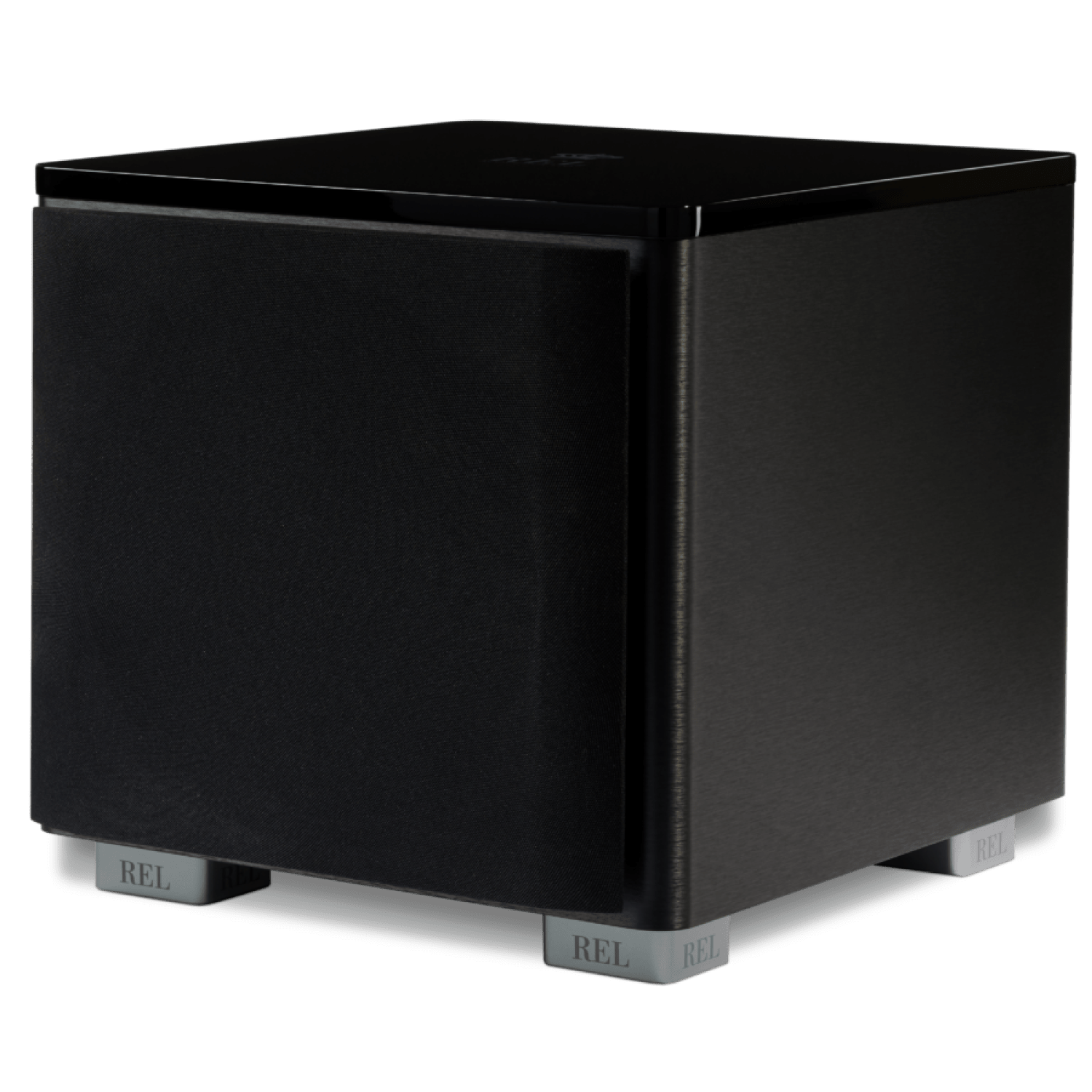 The REL Acoustics HT1205 MKII subwoofer in Black. Angled image, with grille