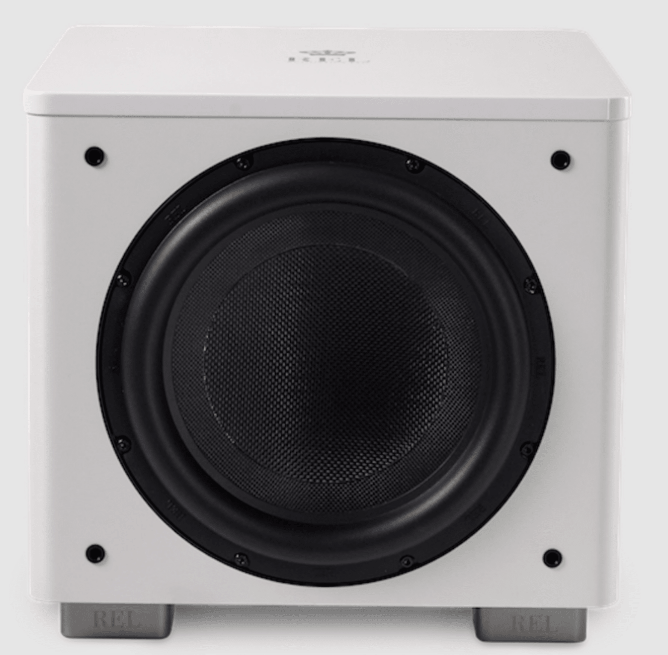 REL Acoustics HT/1510 Predator  II subwoofer in White, front view without grille