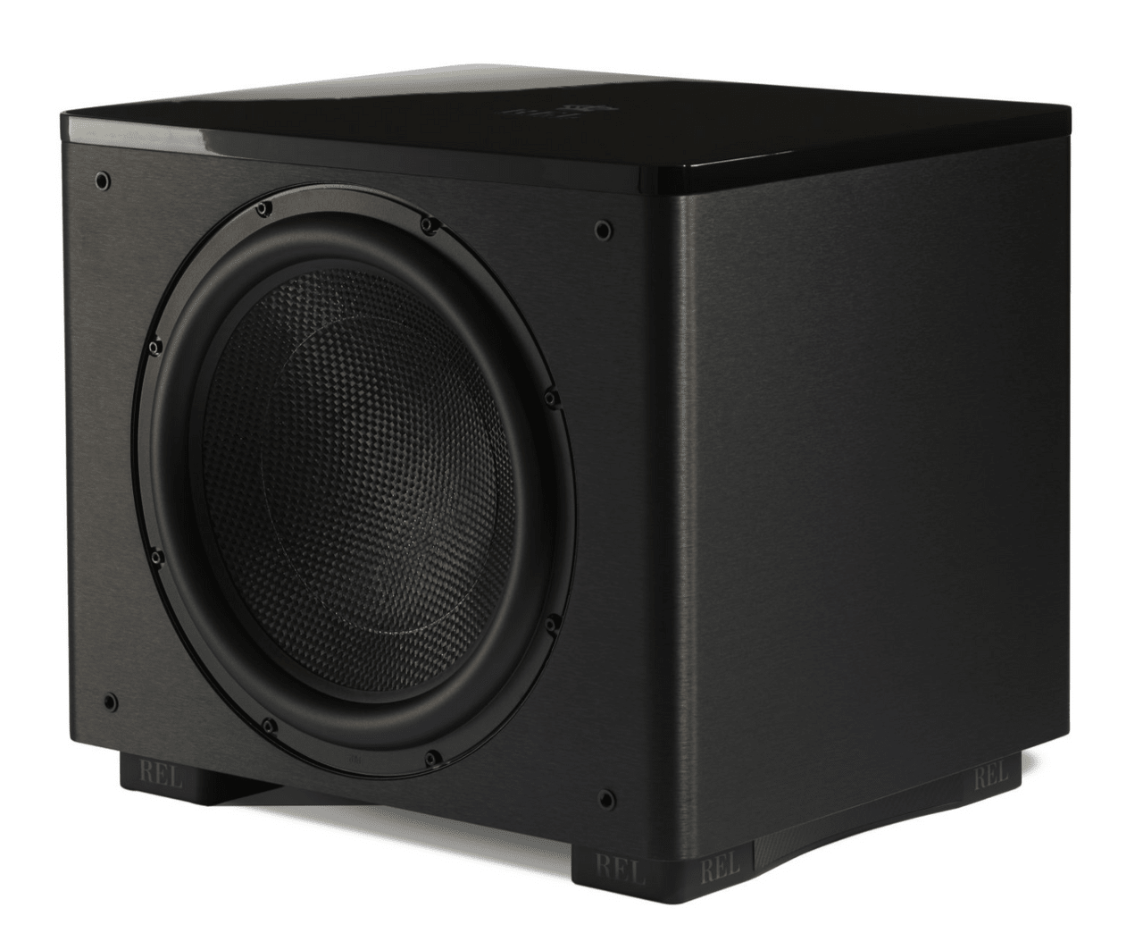 REL Acoustics HT/1510 Predator  II subwoofer in Black, angled view without grille 