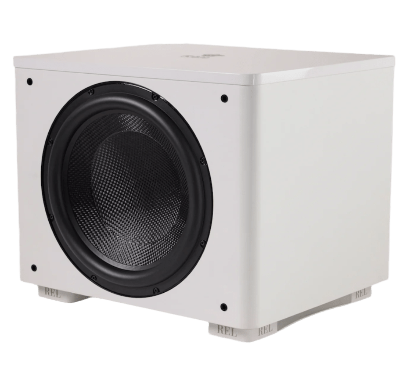 REL Acoustics HT/1510 Predator  II subwoofer in White, angled view without grille 