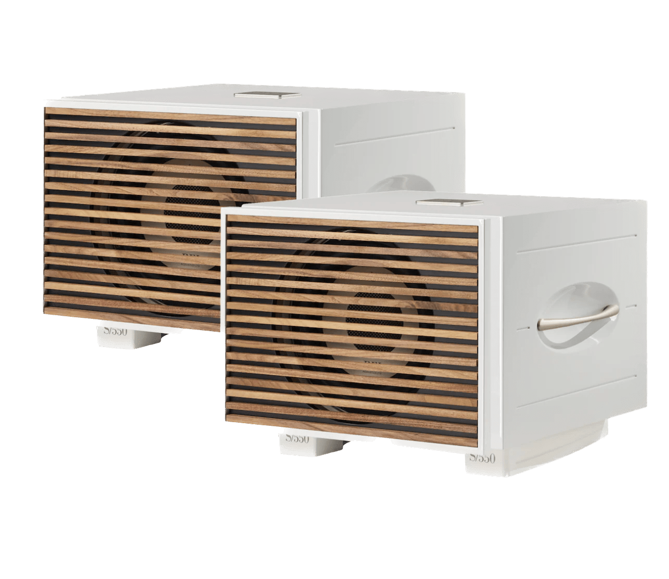 REL S/550 Subwoofer pair in White with wooden grille