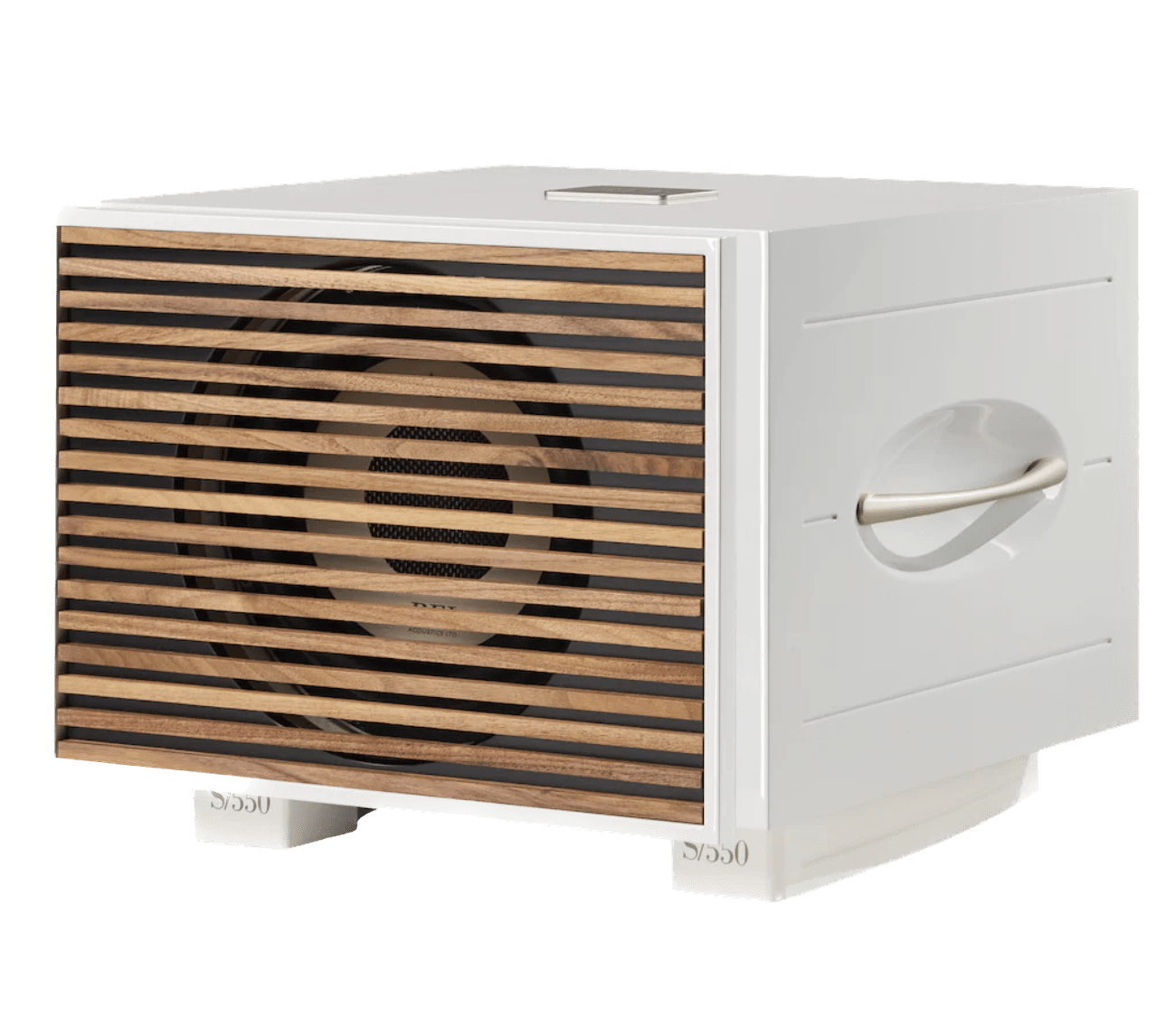 REL S/550 Subwoofer in White with wooden grille