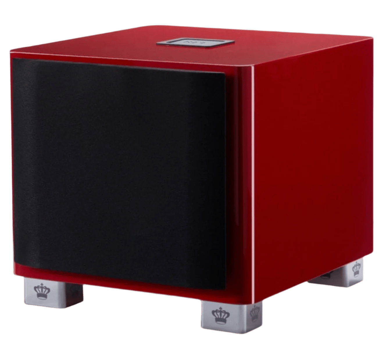 REL T/9x Subwoofer Limited Edition Italian Racing Red, angled, with grille