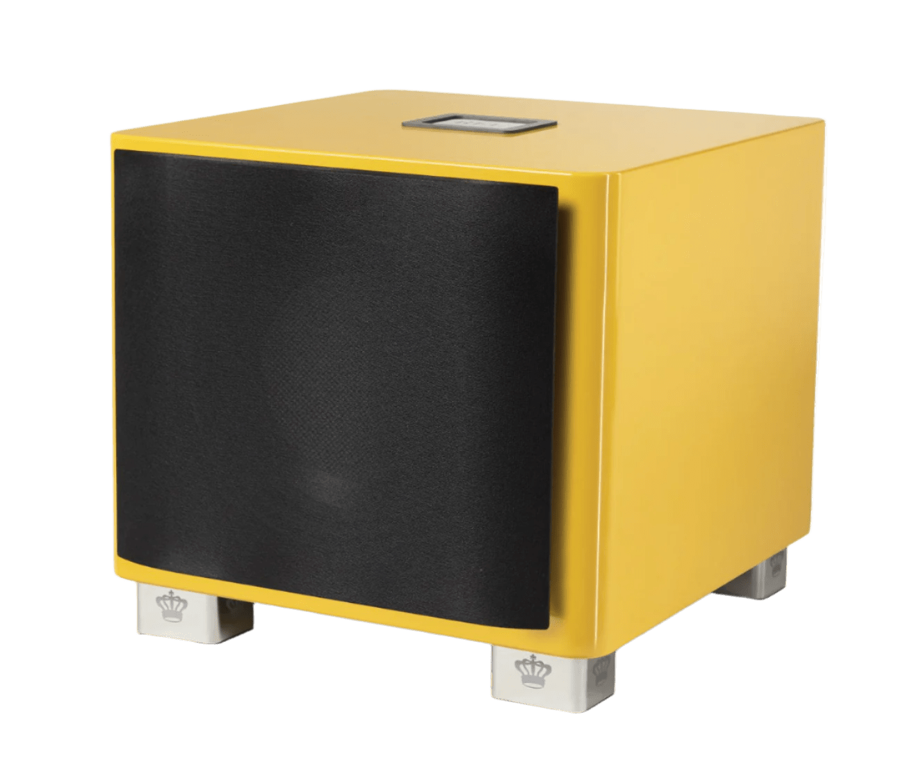 REL T/9x Subwoofer Limited Edition Le Mon Yellow, angled with grille