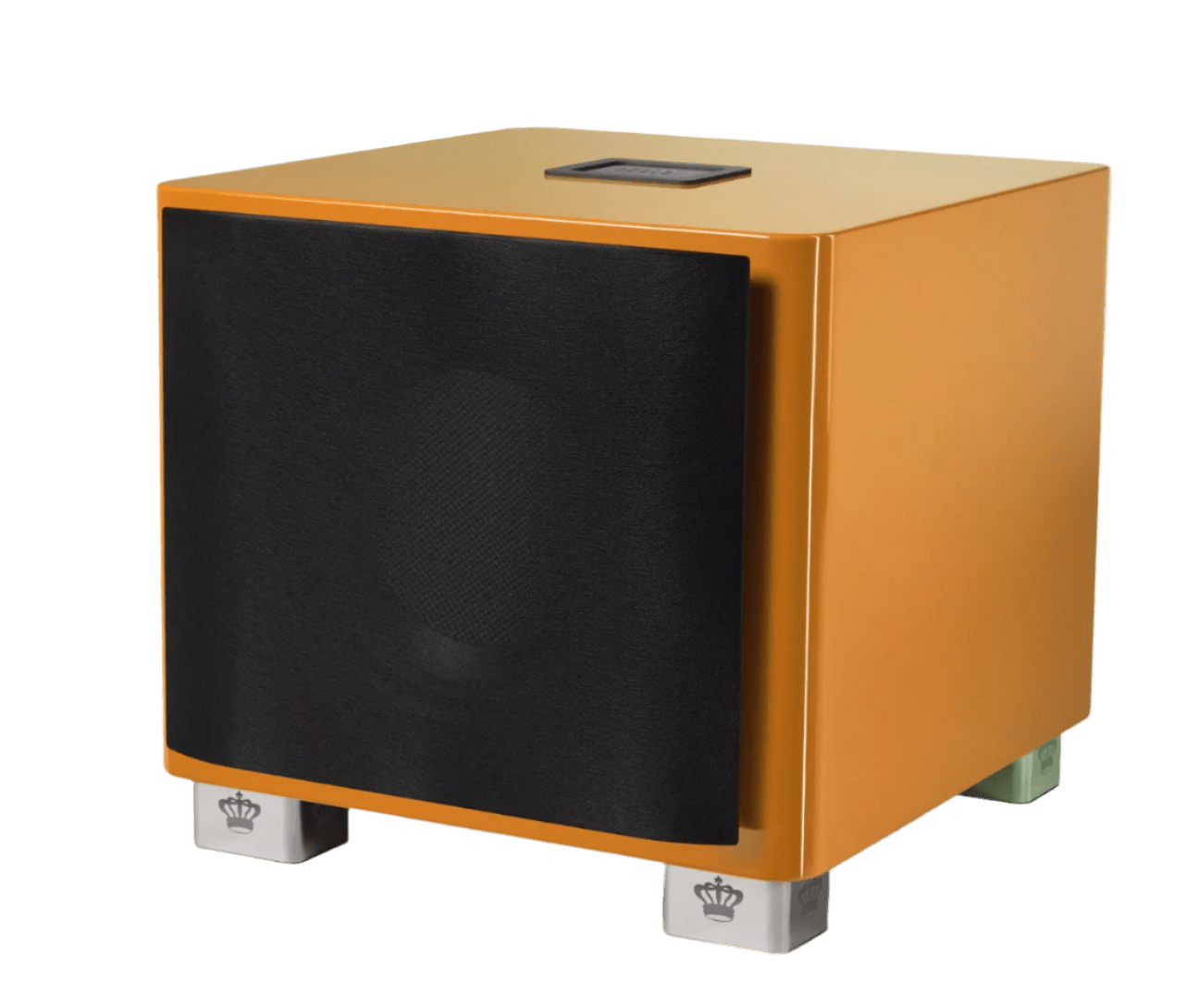 REL T/9x Subwoofer Limited Edition Tangerine Dream, with grille on an angle