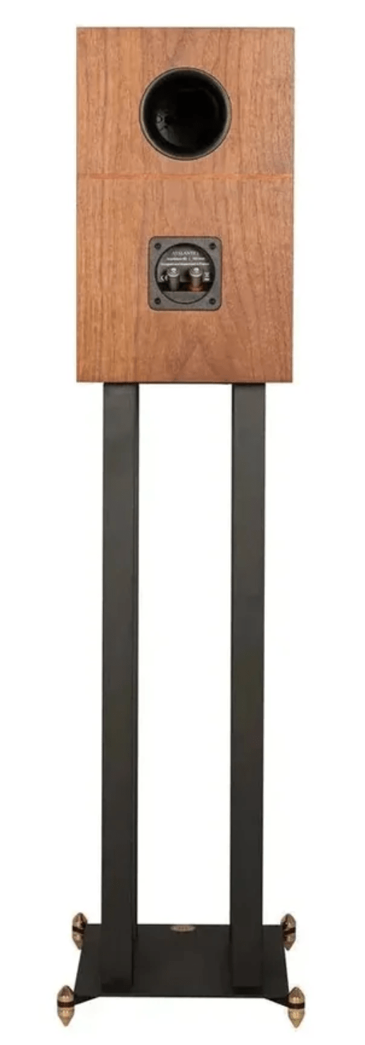 Revival Audio Atalante 3 Bookshelf Speakers in walnut, back of unit on stand