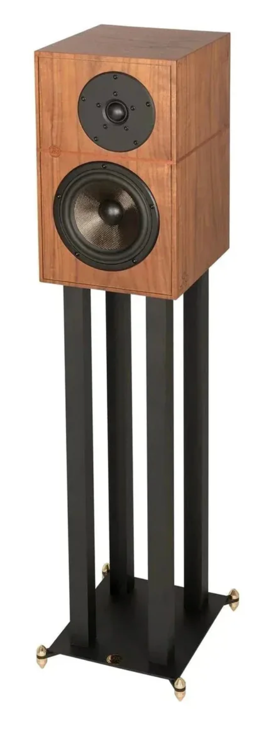 Revival Audio Atalante 3 Bookshelf Speakers in walnut,  angled, and on stands