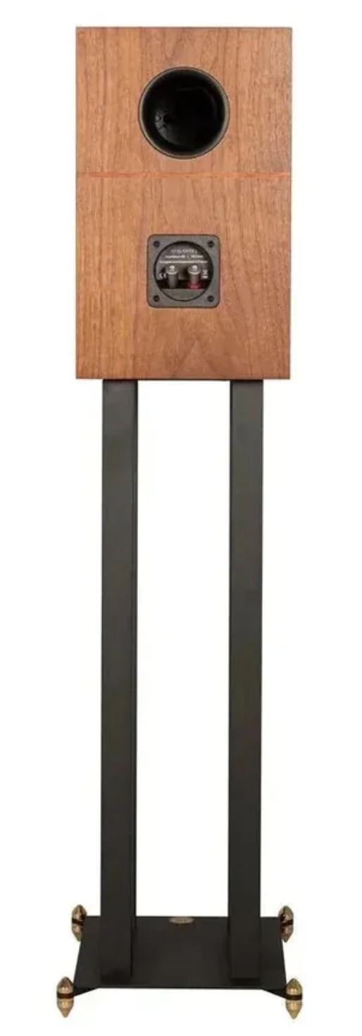 Revival Audio Atalante 3 Bookshelf Speakers in walnut, back of unit on stand