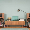 Revival Audio ATALANTE 5 Speakers in Walnut, pair on stands, in room placement
