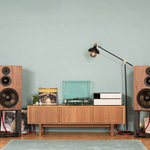 Revival Audio ATALANTE 5 Speakers in Walnut, pair on stands, in room placement