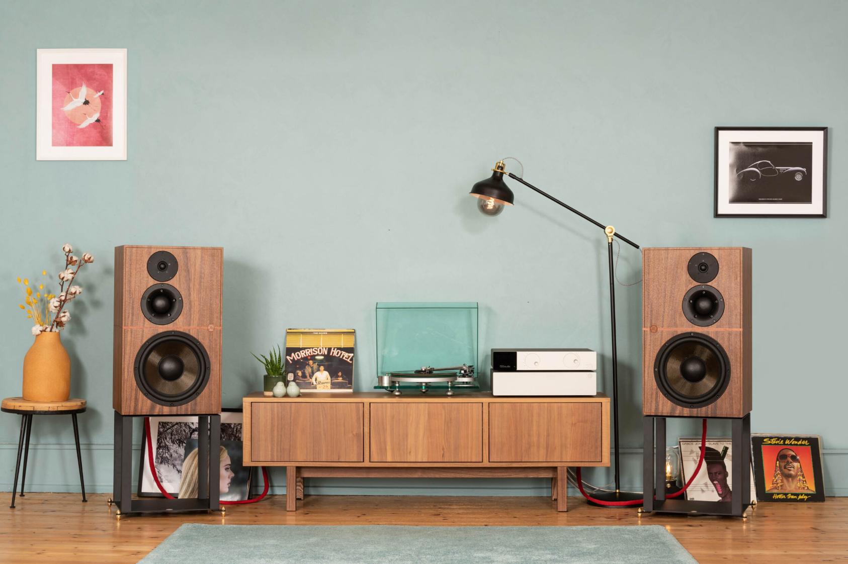 Revival Audio ATALANTE 5 Speakers in Walnut, pair on stands, in room placement
