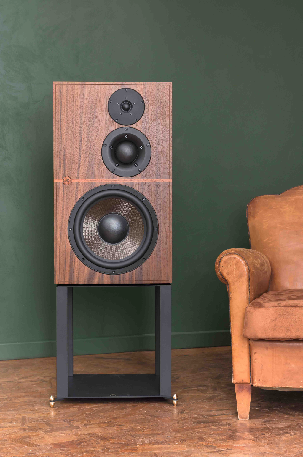 Revival Audio ATALANTE 5 Speakers in Walnut, front on stand, in room placement