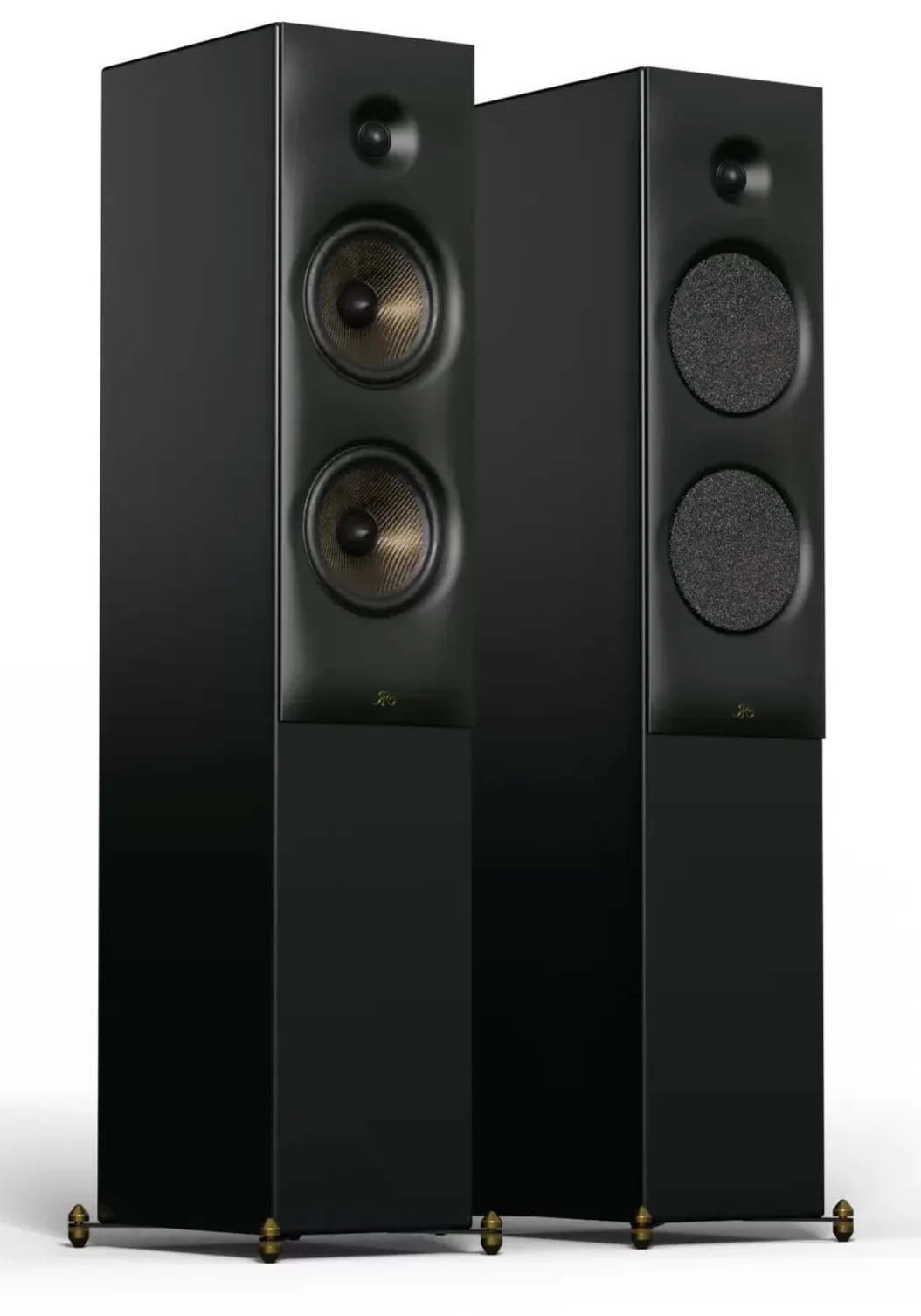Revival Audio SPRINT 4 Floorstanding Speakers, Pair in Matt Black.  Image shows front without and with grille.