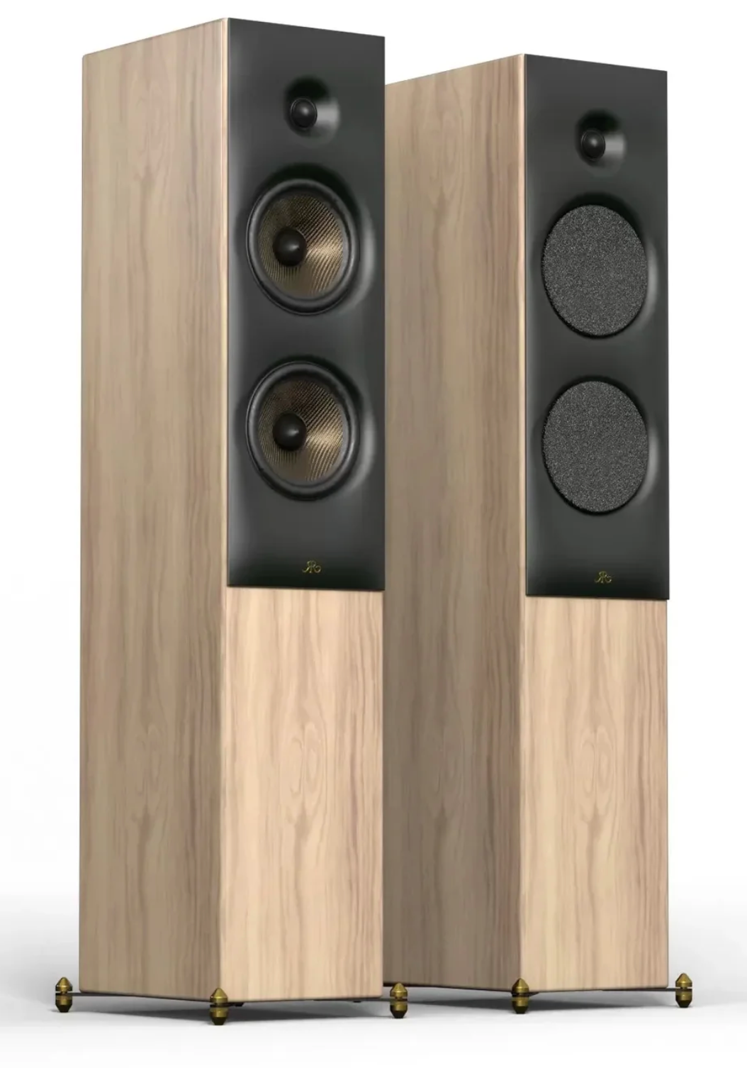 Revival Audio SPRINT 4 Floorstanding Speakers, Pair in Blonde Oak.  Image shows front without and with grille.