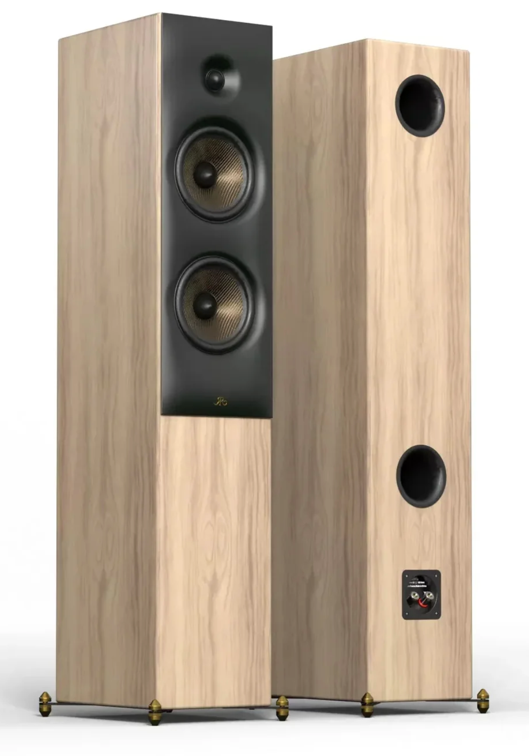 Revival Audio SPRINT 4 Floorstanding Speakers, Pair in Blonde Oak.  Image shows front without grille, and back.