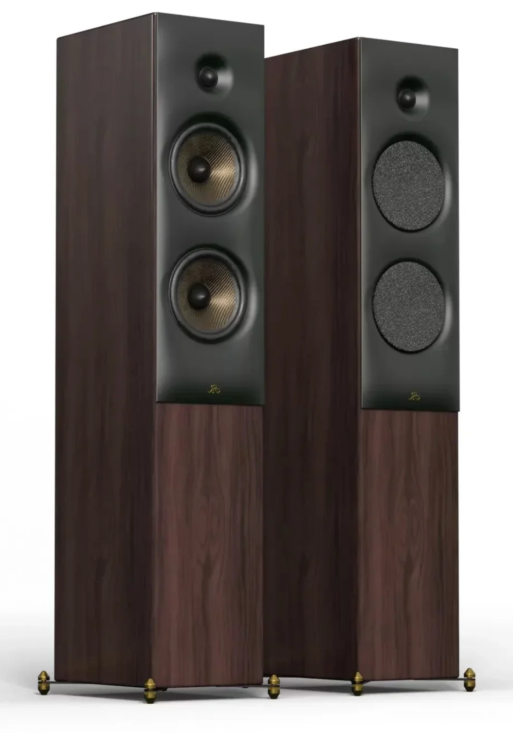 Revival Audio SPRINT 4 Floorstanding Speakers, Pair in Walnut.  Image shows front without and with grille.