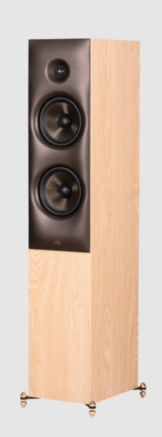 Revival Audio SPRINT 4 Floorstanding Speakers, in Blonde Oak . Image shows individual speaker, angled without grille.