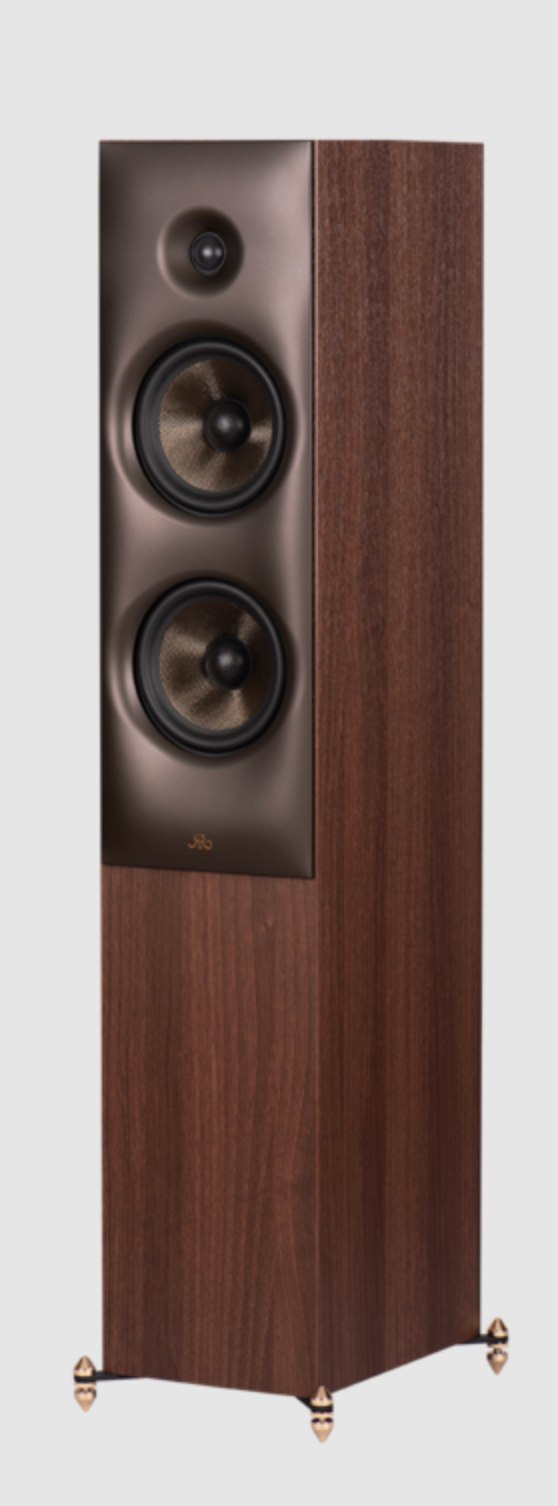 Revival Audio SPRINT 4 Floorstanding Speakers, in Walnut . Image shows individual speaker, angled without grille.
