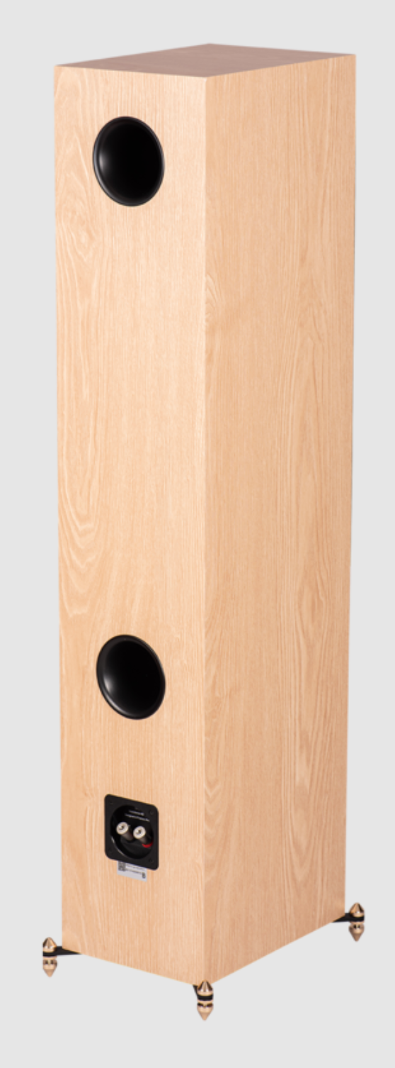 Revival Audio SPRINT 4 Floorstanding Speakers, in Blonde Oak. Image shows individual speaker, back, angled view.