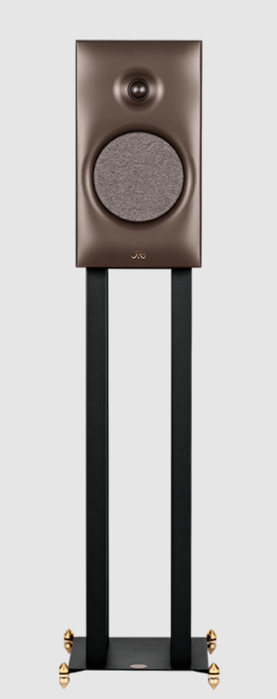 Revival Audio SPRINT 3 Bookshelf Speaker, individual, front view on stand in Walnut.  