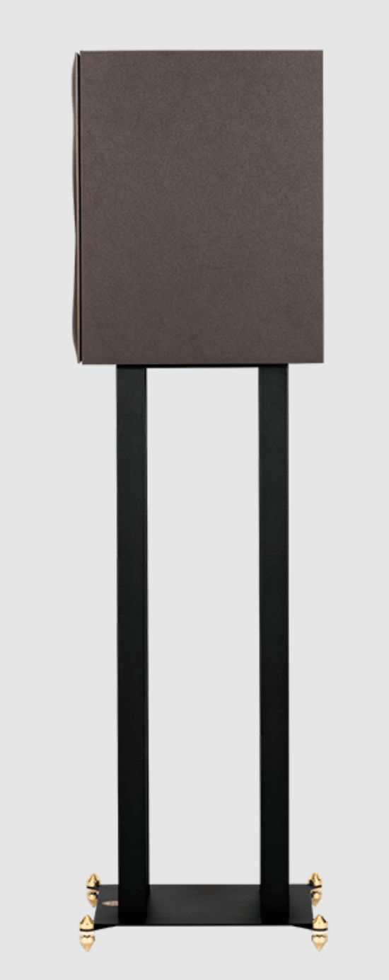 Revival Audio SPRINT 3 Bookshelf Speaker, individual, profile view on stand in Matt Black.