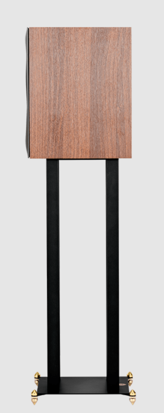 Revival Audio SPRINT 3 Bookshelf Speaker, individual, profile view on stand in Walnut.  
