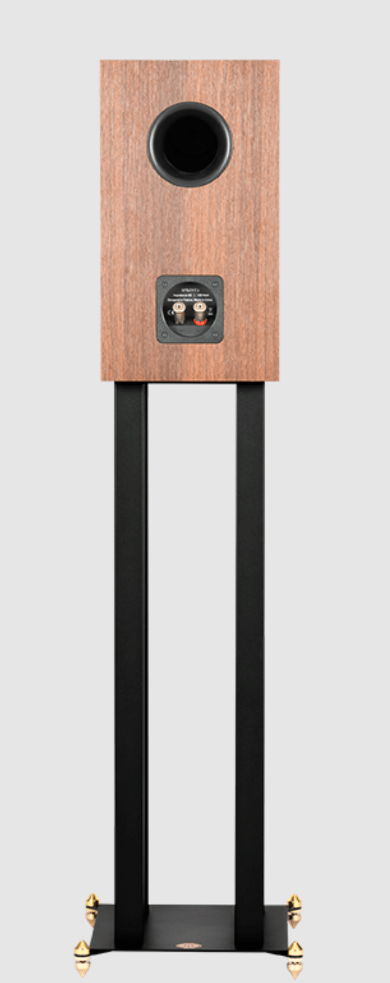 Revival Audio SPRINT 3 Bookshelf Speaker, individual, back view on stand in Walnut.  