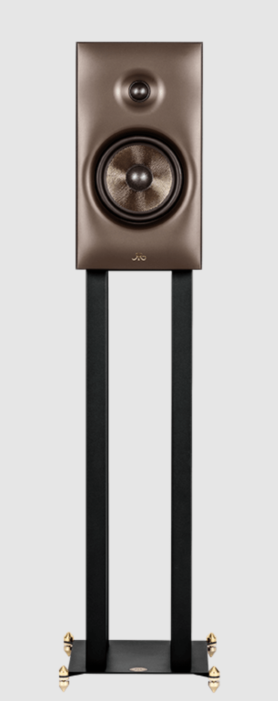 Revival Audio SPRINT 3 Bookshelf Speaker, individual, front view on stand in Matt Black.  