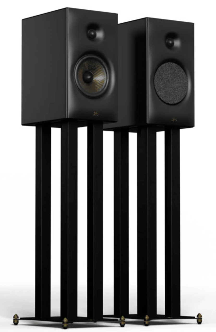 Revival Audio SPRINT 3 Bookshelf Speakers Pair, on stands in Matt Black