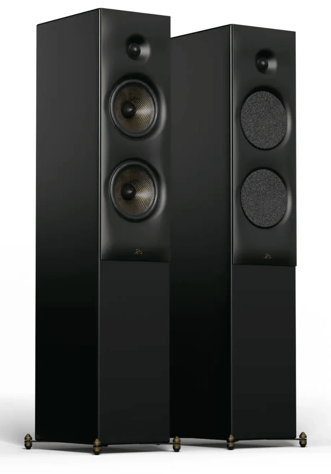 Revival Audio SPRINT 4 Floorstanding Speakers, Pair in Matt Black.  Image shows front without and with grille.