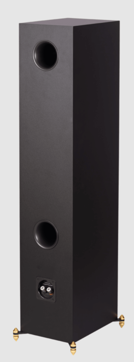 Revival Audio SPRINT 4 Floorstanding Speakers, in Matt Black. Image shows individual speaker, back, angled view.