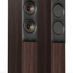 Revival Audio SPRINT 4 Floorstanding Speakers, Pair in Walnut.  Image shows front without and with grille.