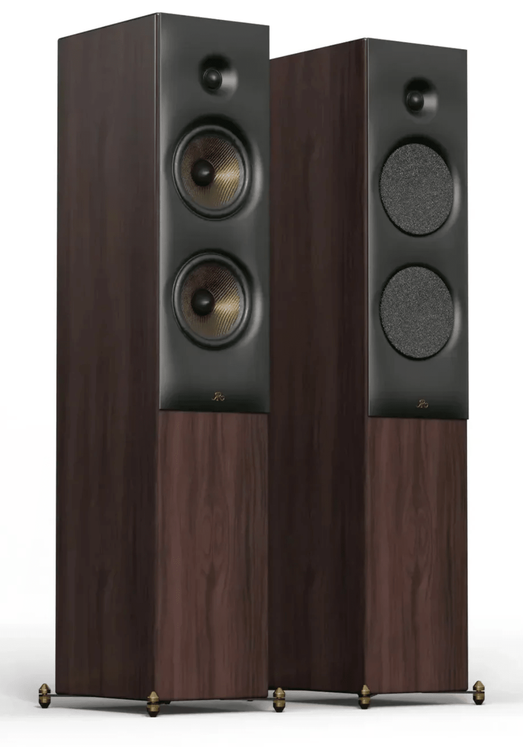 Revival Audio SPRINT 4 Floorstanding Speakers, Pair in Walnut.  Image shows front without and with grille.