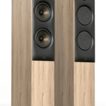 Revival Audio SPRINT 4 Floorstanding Speakers, Pair in Blonde Oak.  Image shows front without and with grille.