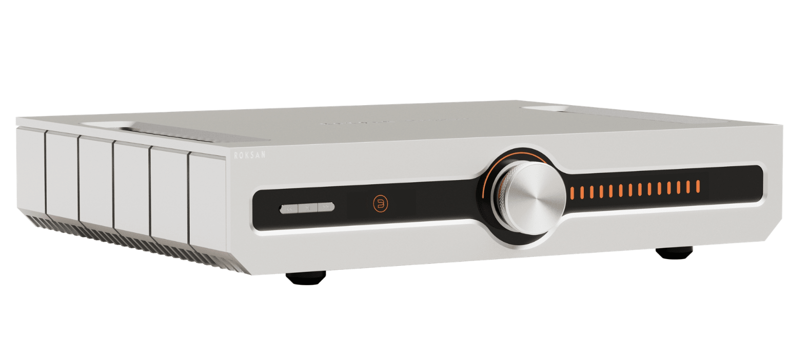 Roksan Caspian 4G Streaming Amplifier in silver, angled