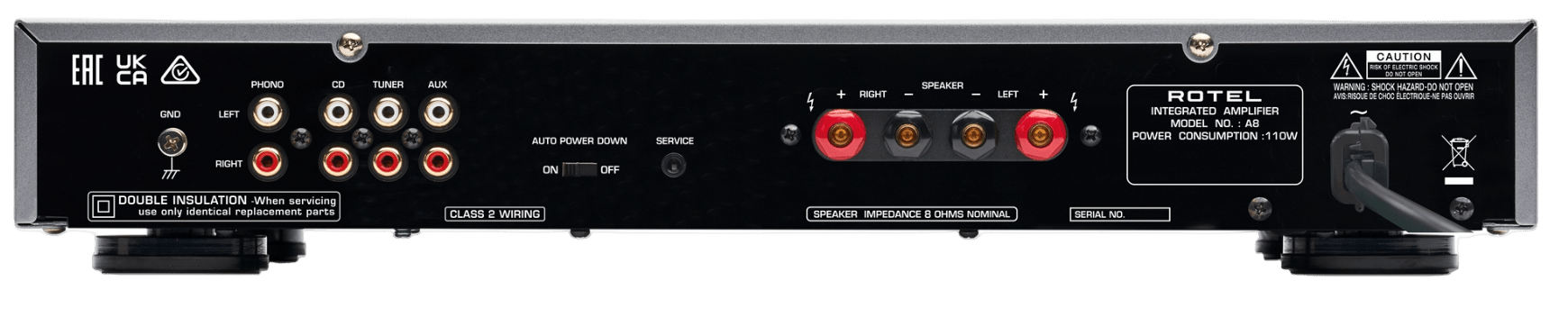 Rotel A8 Integrated Amplifier, rear of unit
