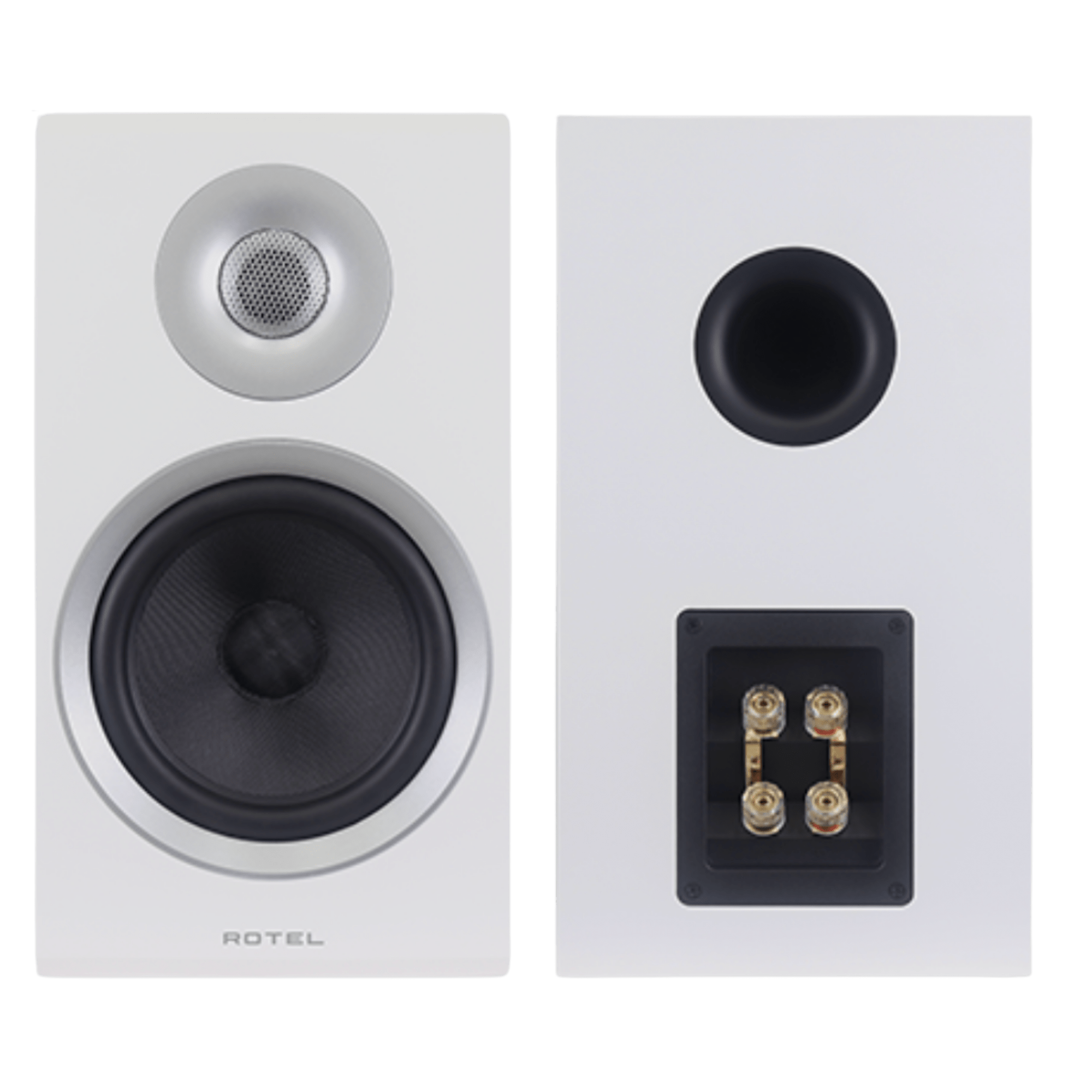 Rotel Amora 5 Bookshelf Speakers.  Front and back of speakers in White