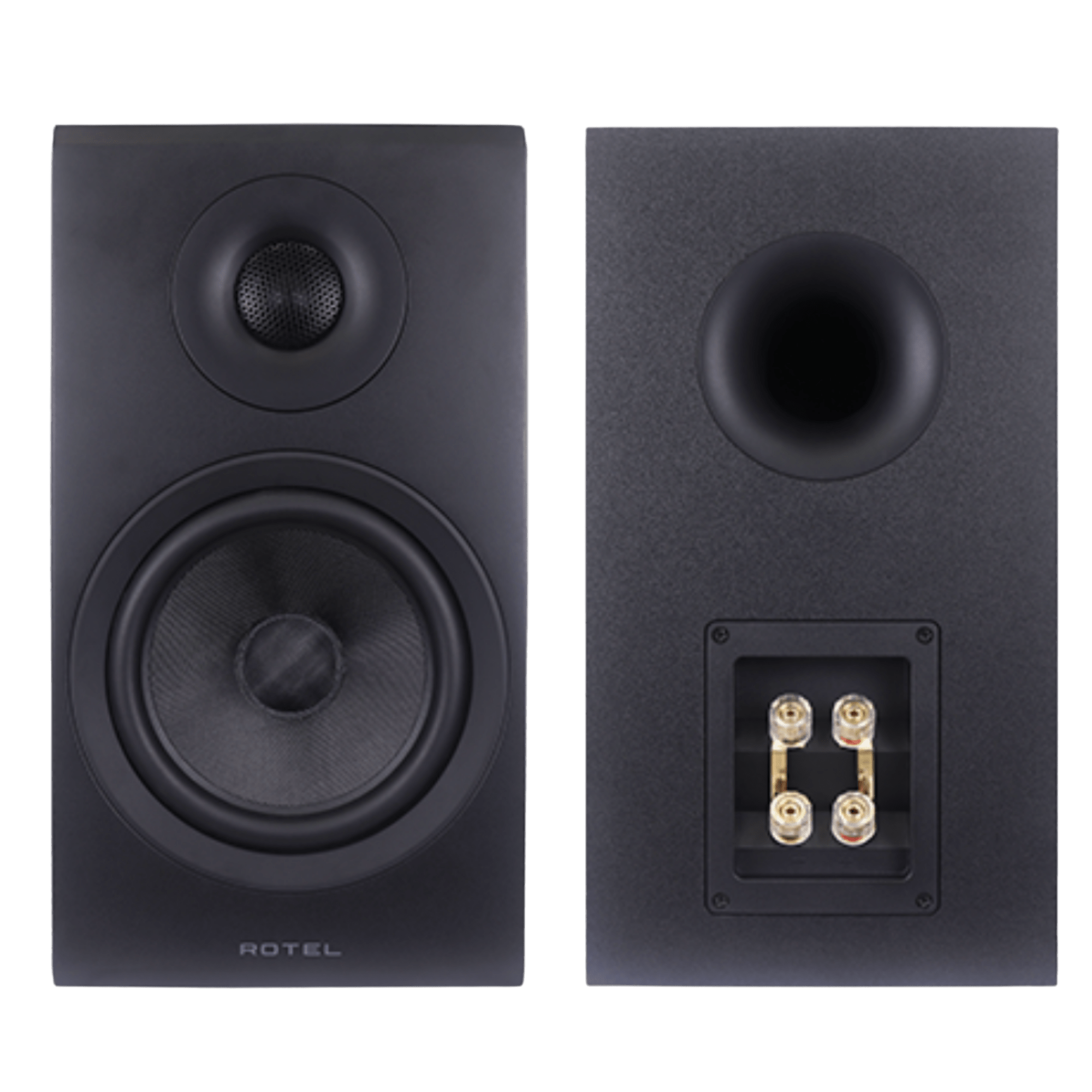 Rotel Amora 5 Bookshelf Speakers.  Front and back of speakers in Black 