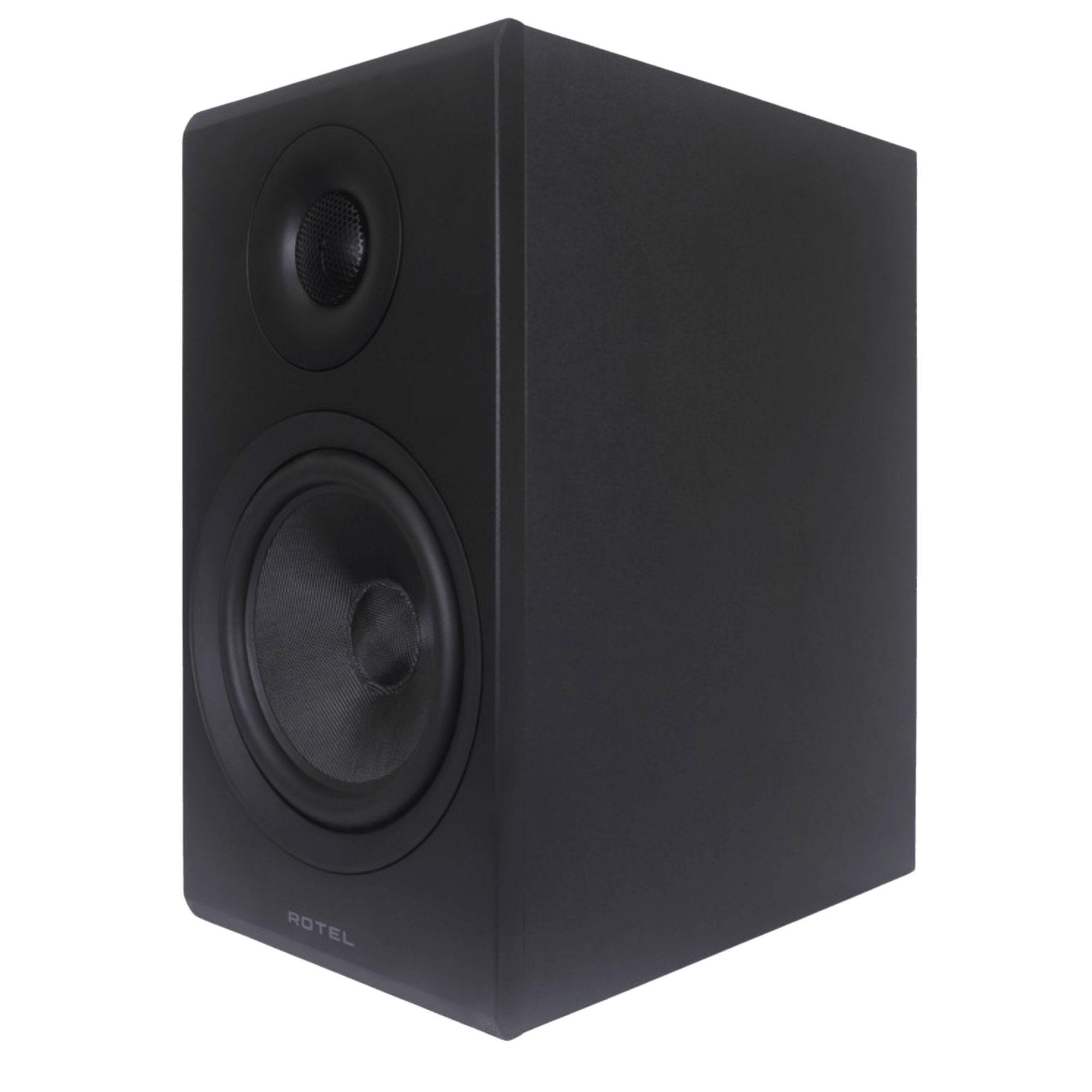 Rotel Amora 5 Bookshelf Speakers.  Angled view of individual speaker in Black shown, without grille
