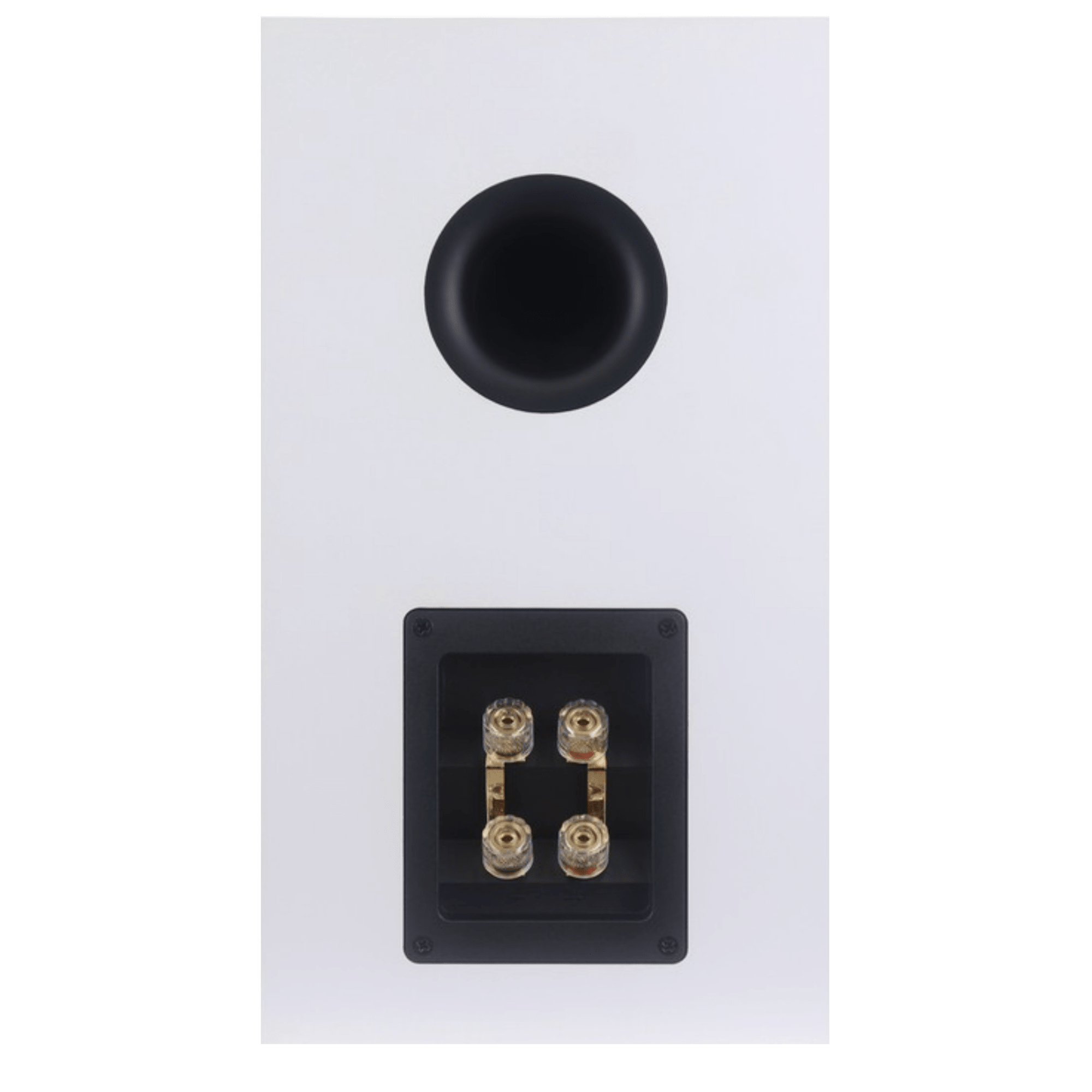 Rotel Amora 5 Bookshelf Speakers.  Back of individual speaker in White shown