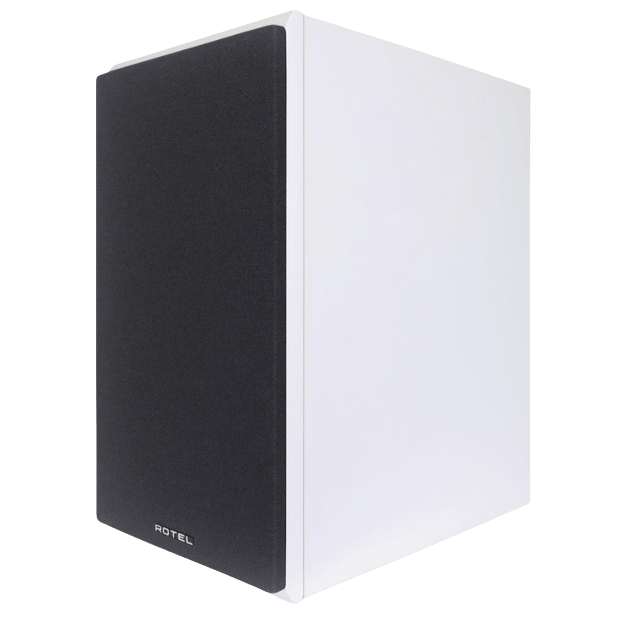 Rotel Amora 5 Bookshelf Speakers.  Angled view of individual speaker in White shown, with grille