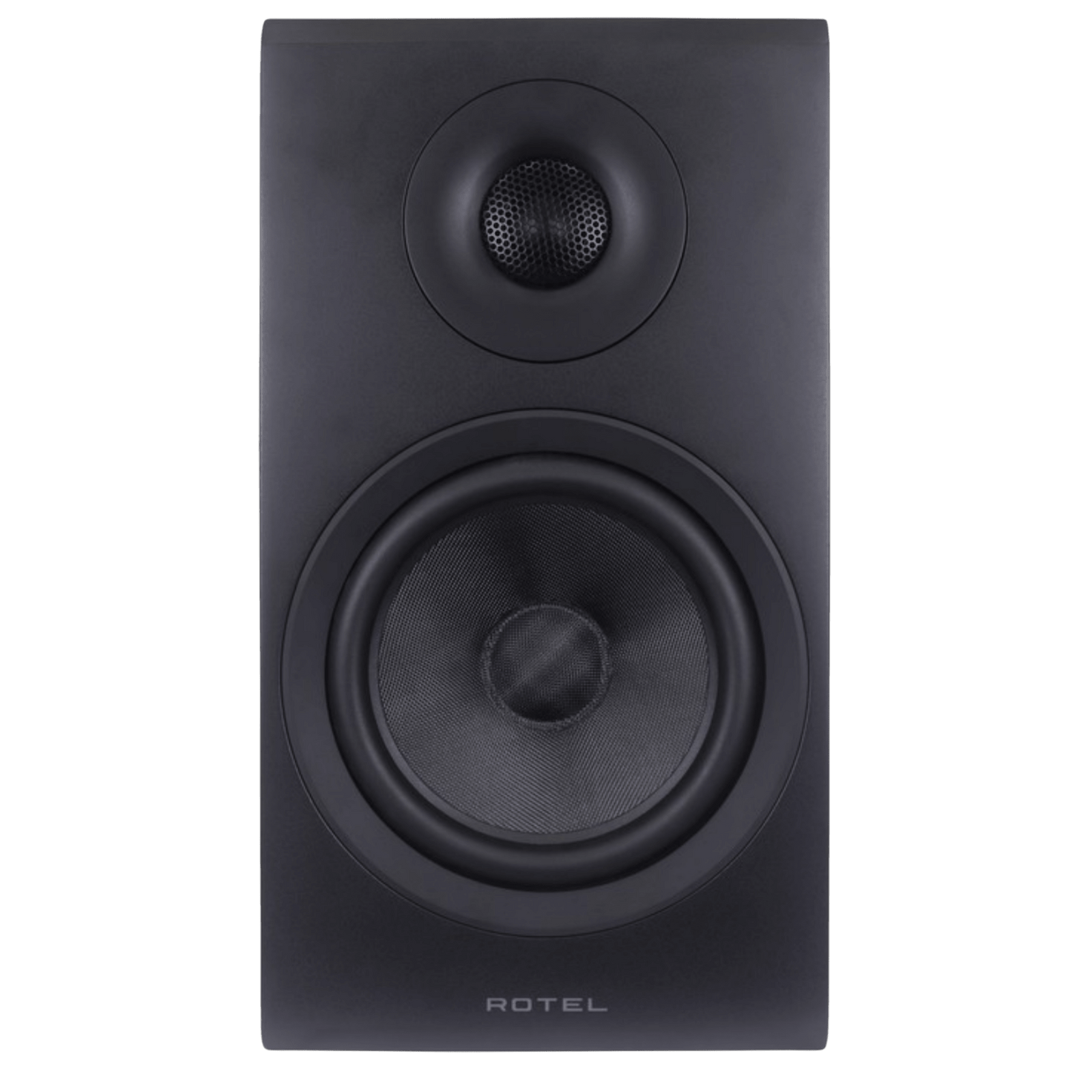 Rotel Amora 5 Bookshelf Speakers.  Front of individual speaker in Black shown, without grille