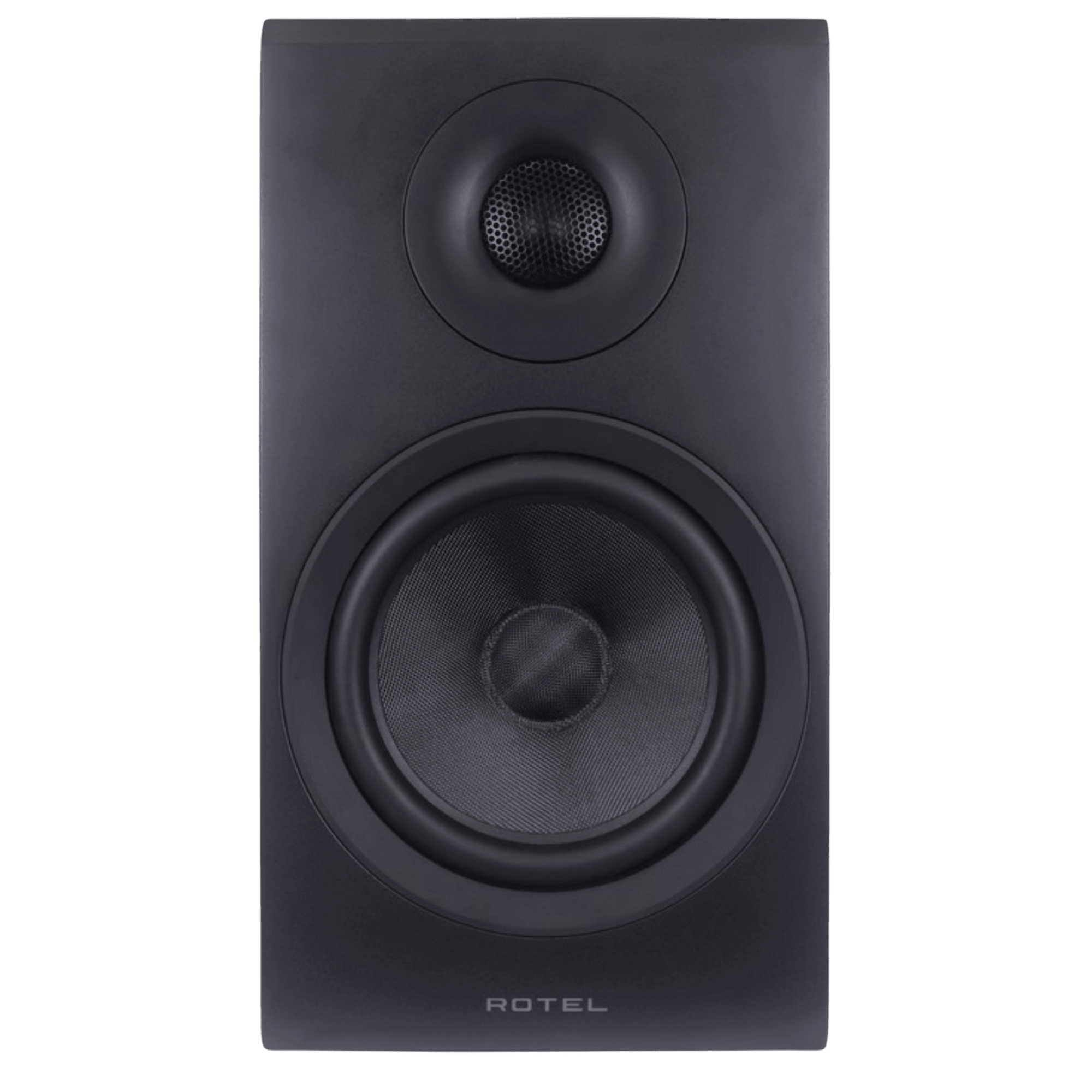 Rotel Amora 5 Bookshelf Speakers.  Front of individual speaker in Black shown, without grille