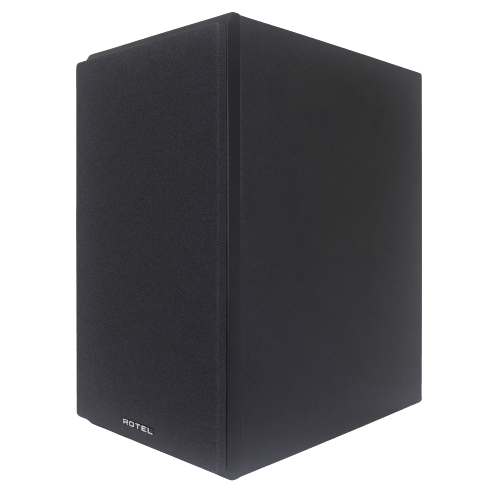 Rotel Amora 5 Bookshelf Speakers.  Angled view of individual speaker in Black shown, with grille