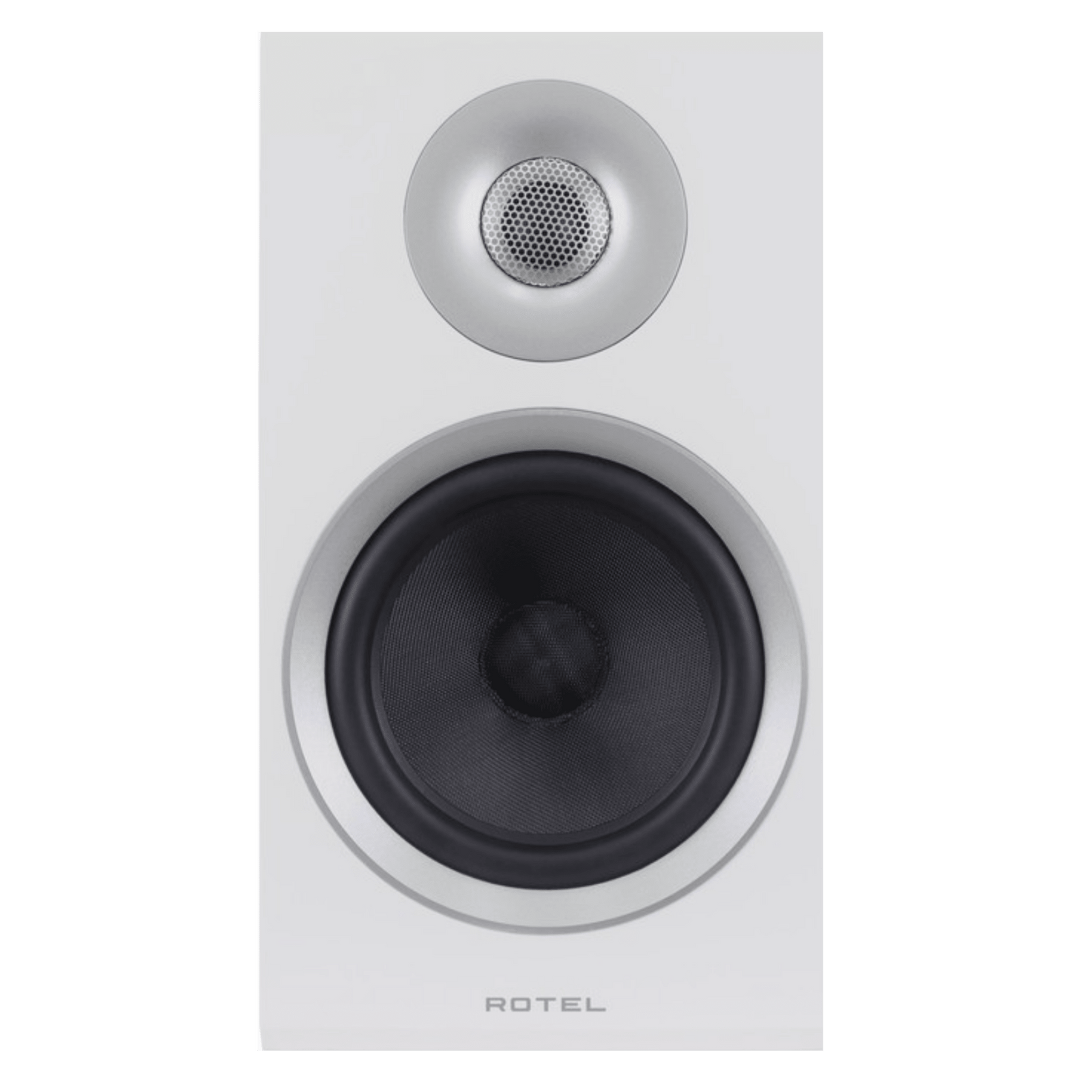 Rotel Amora 5 Bookshelf Speakers.  Front of individual speaker in White shown, without grille