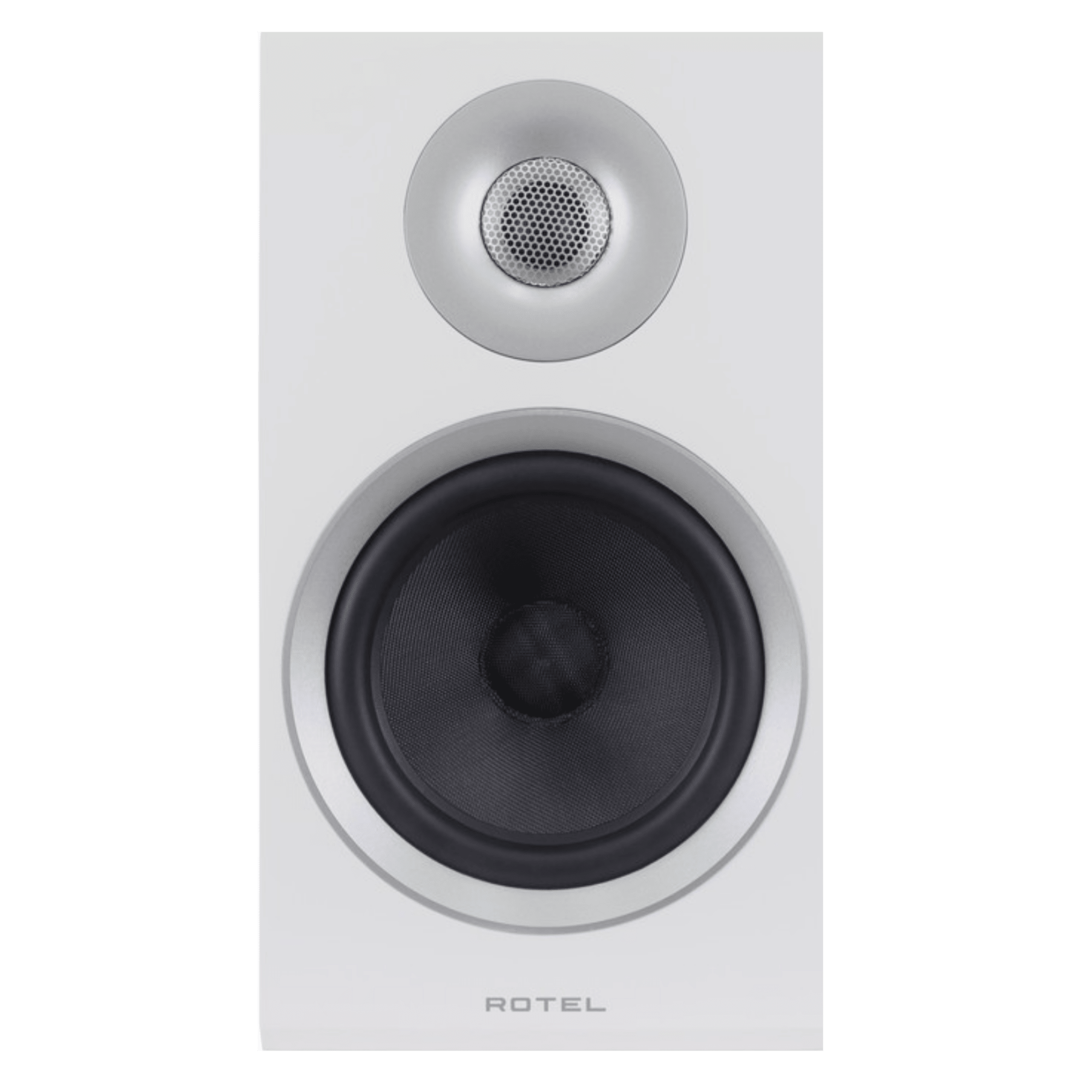 Rotel Amora 5 Bookshelf Speakers.  Front of individual speaker in White shown, without grille