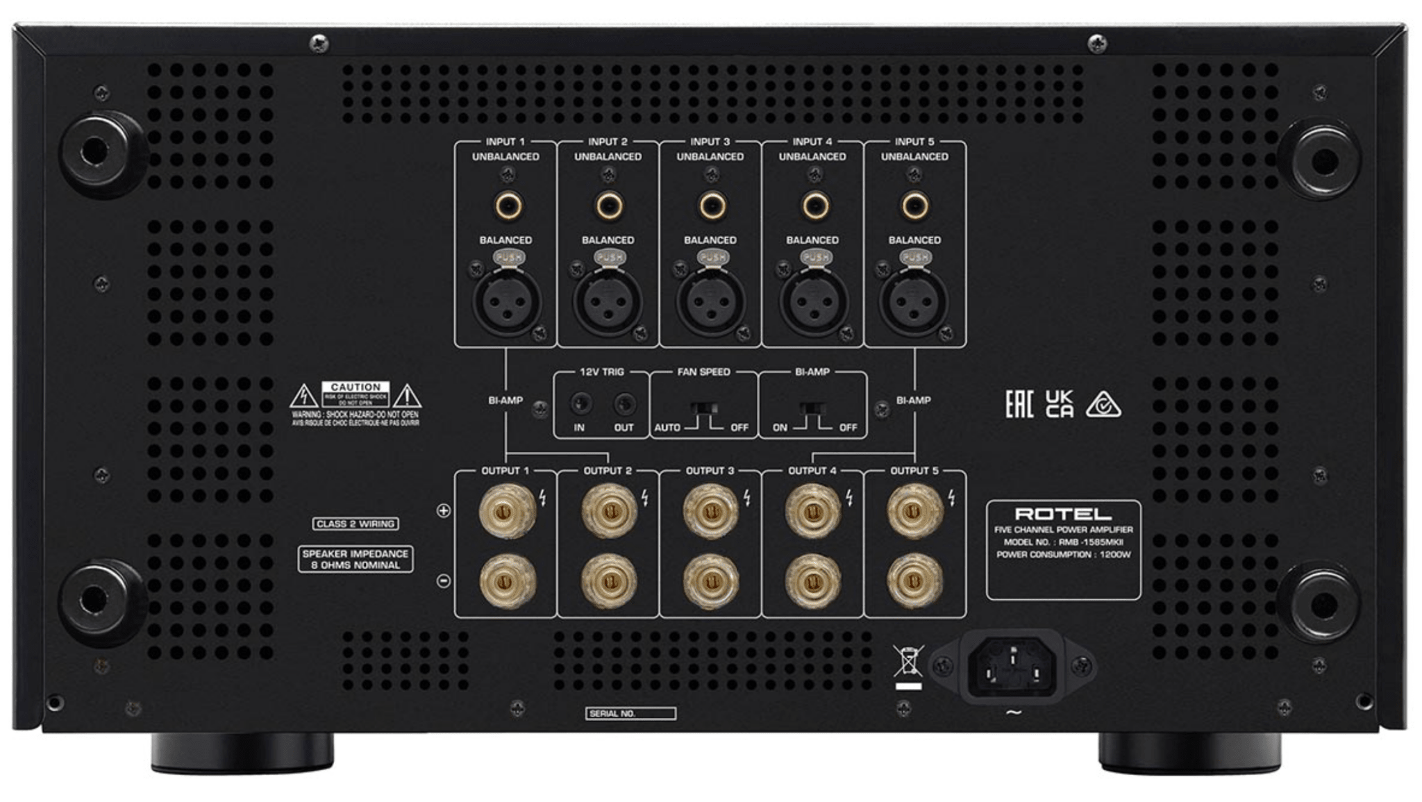 Rotel RMB-1587 MKII Multi-Channel Power Amplifier. Black rear panel image