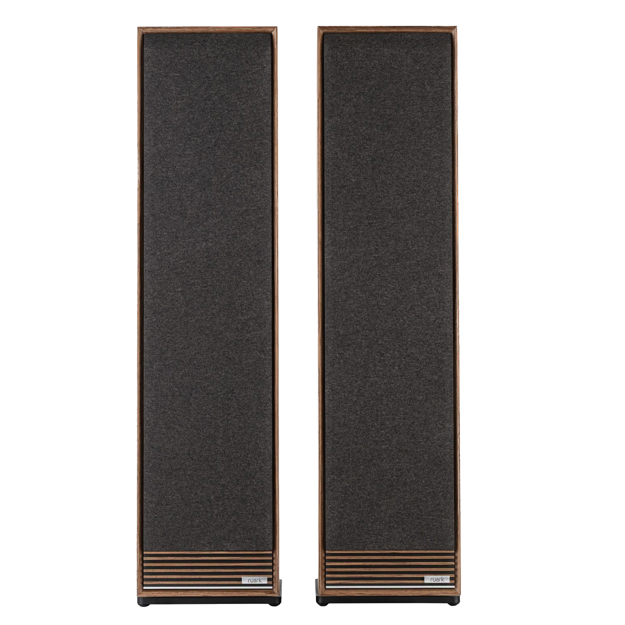 Ruark Talisman-R Floorstanding Speakers in Walnut and with grille, front view, side by side