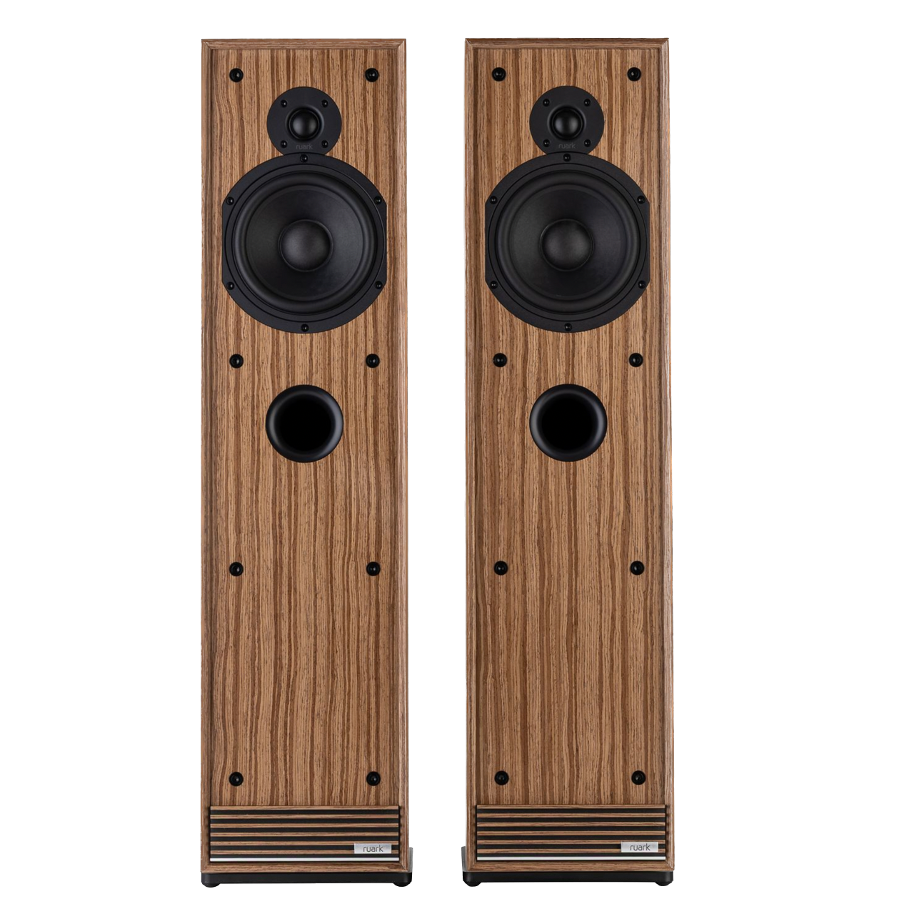 Ruark Talisman-R Floorstanding Speakers in Walnut and without grille, front view, side by side